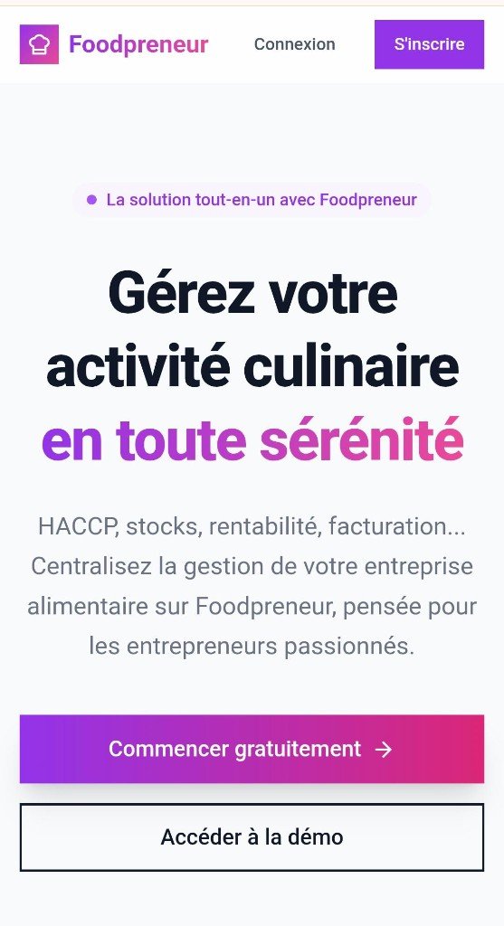 Aperçu Foodpreneur sur mobile — accueil et appels à l’action
